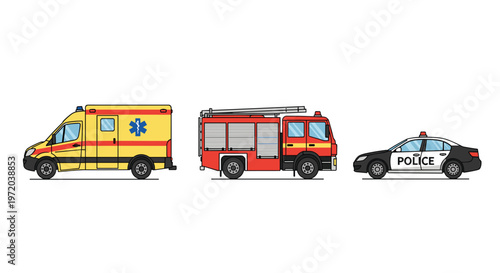 Three meticulously detailed emergency response vehicles featuring a modern yellow ambulance, a red fire engine, and a police sedan positioned on a white background.