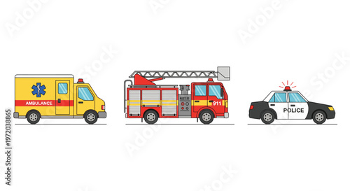 A side profile view of three essential emergency service vehicles including a yellow ambulance, a red fire truck, and a police car on a white background.