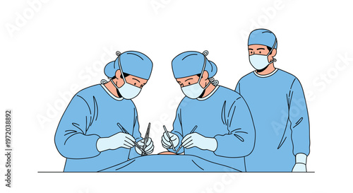 Three professional surgeons wearing light blue scrubs and protective masks perform a precise medical procedure with meticulous care and concentration.