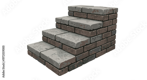 Rugged and weathered grey stone steps with dark mortar and mossy textures create a realistic architectural element against a stark white background in this view.