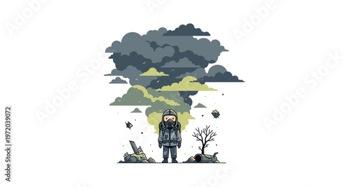 A small stylized character wearing a full grey protective hazmat suit stands resiliently beneath a massive billowing cloud of dark and yellow toxic smoke.