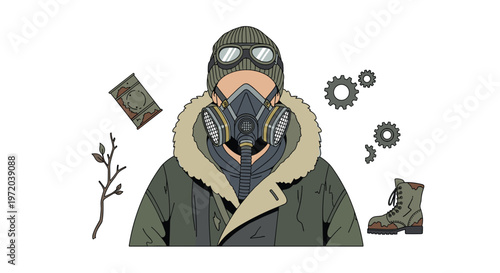 A central figure clad in a heavy green winter parka and a detailed industrial respirator mask stands amidst floating mechanical gears and a rusty barrel.