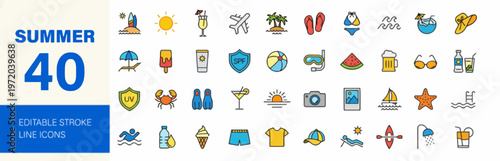 Collection of 40 Editable Stroke Line Icons Representing Summer Vacation and Beach Activities