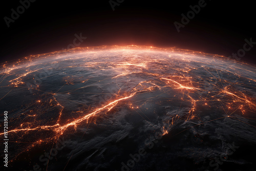 Golden Digital Communication Network Connecting Cities Across The Earth Surface Seen From Space