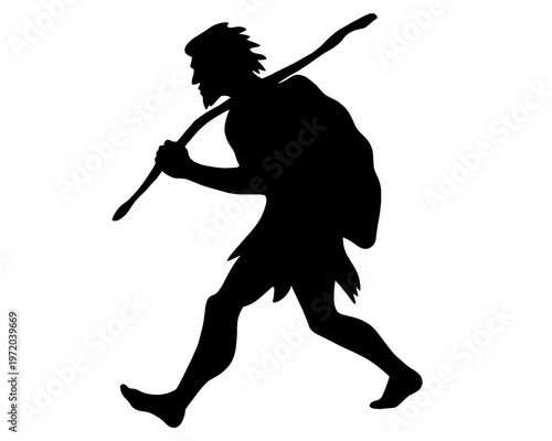 silhouette of ancient man holding stick, vector illustration