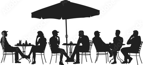 Outdoor café silhouette people social gathering conversation under umbrella, flat vector