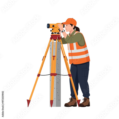 A female surveyor uses a theodolite on a tripod to conduct measurements on a construction site, illustrating engineering and land surveying practices