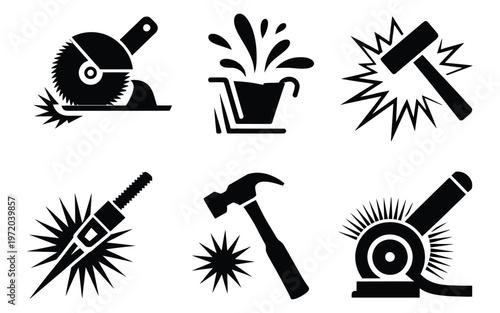 Industrial spark equipment icons set, representing grinders, hammers, welding tools, molten materials, and sparks