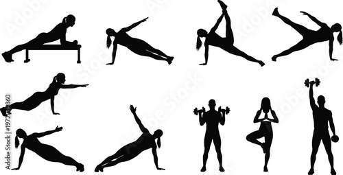 Fitness workout silhouettes collection, men and women exercising with dumbbells and bodyweight training, strength, balance and yoga poses, healthy lifestyle concept isolated on white background