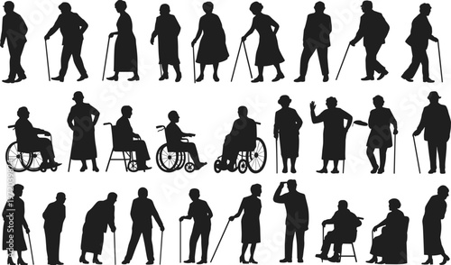 Senior elderly people silhouettes walking cane wheelchair standing collection flat vector illustration