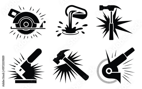 Industrial spark equipment icons set, including grinder, hammer, welding, molten metal, and sparks symbols, vector illustration collection for manufacturing