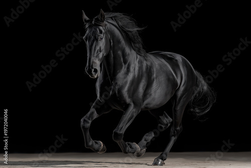 Black Horse Profile Portrait With Muscular Detail Against A Dark Moody Studio Background
