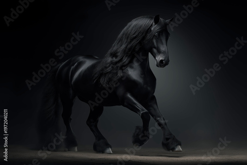 Majestic Black Friesian Horse Walking In Studio Lighting With Long Flowing Mane And Elegant Pose