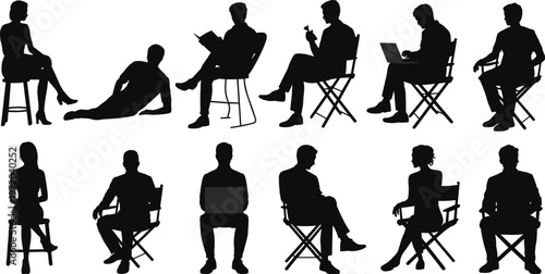 People sitting on chairs silhouettes working reading laptop coffee break flat vector illustration