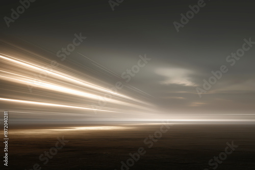 Abstract High Speed Light Trails Over Dark Ground Under A Moody Cinematic Sky