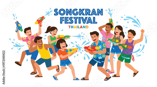 Vector of happy Thai people playing in the water celebrating "Songkran Festival" 005