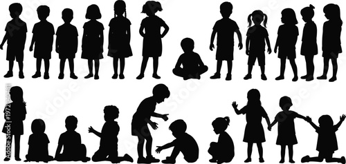 Kids silhouettes collection children different poses standing sitting playing isolated flat vector