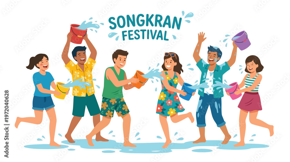 Fototapeta premium Vector of happy Thai people playing in the water celebrating 