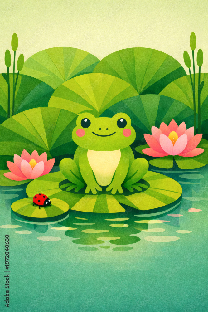 Fototapeta premium Cute Happy Frog on Lily Pad with Ladybug in Pond Scene Illustration