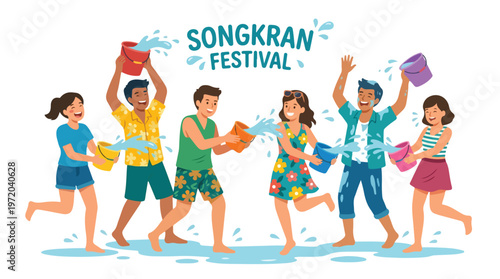 Vector of happy Thai people playing in the water celebrating "Songkran Festival" 004