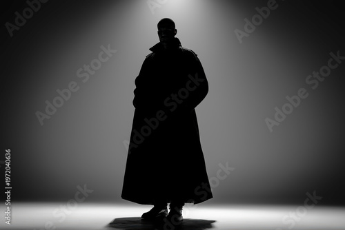 Silhouette Of A Caucasian Male Wearing Long Black Trench Coat Standing In Bright Studio
