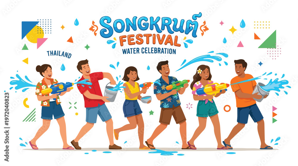 Fototapeta premium Vector of happy Thai people playing in the water celebrating 