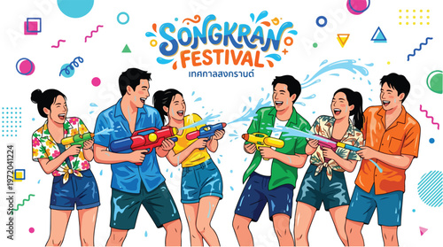 Vector of happy Thai people playing in the water celebrating "Songkran Festival" 002