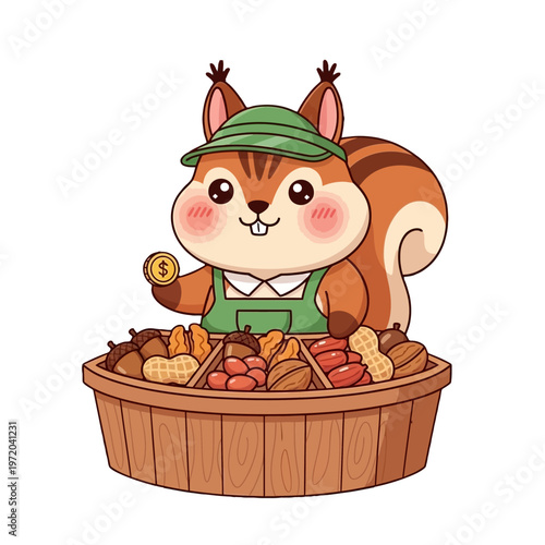 Whimsical cartoon squirrel character, an endearing nut vendor, cheerfully holding a gold dollar coin above a bountiful basket filled with a variety of nuts and seeds