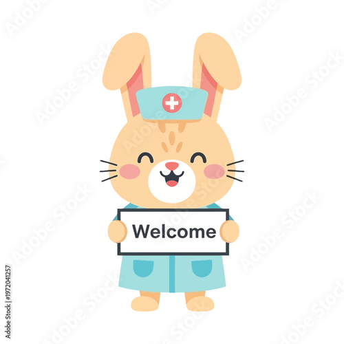 Adorable cartoon bunny nurse wearing a blue uniform and cap, holding a welcome sign, perfect for healthcare and medical themes