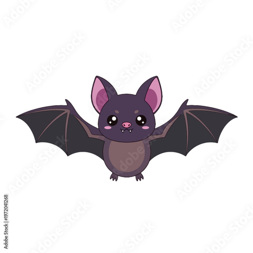 Adorable cartoon bat illustration with outstretched wings and sweet large eyes, perfect for children's designs, Halloween themes, or charming wildlife graphics