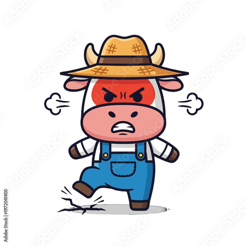Adorable cartoon farmer cow character stomping its foot in a fit of rage, expressing intense frustration and anger with visible steam and cracked ground detail, a cute depiction of a tantrum