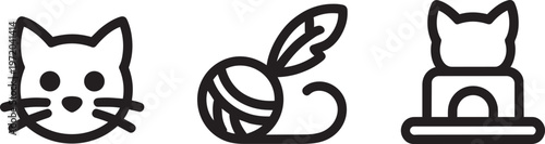 Cat related icons cat face yarn ball cat house line drawing for pets or hobbies.