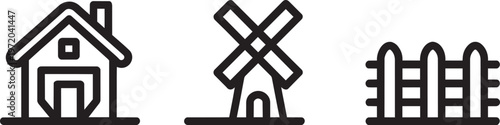 Country house with windmill and wooden fence vector icons, set of rural symbols.