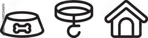 Dog accessories icons food bowl collar dog house line art for pets or care.