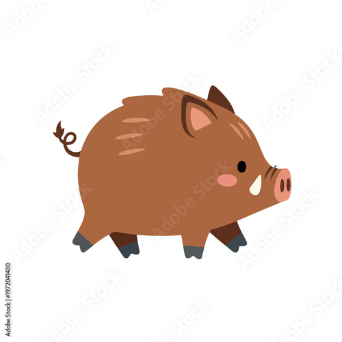 Adorable illustration of a cute cartoon wild boar character with a curly tail, walking on a white background