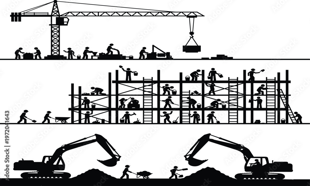 Obraz premium Set of horizontal construction site banners with worker silhouettes, tower crane lifting loads, builders on scaffolding, and heavy excavators digging soil in black vector.
