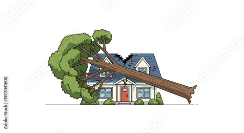 A large green tree trunk lies horizontally across the blue roof of a white house, causing severe structural damage.