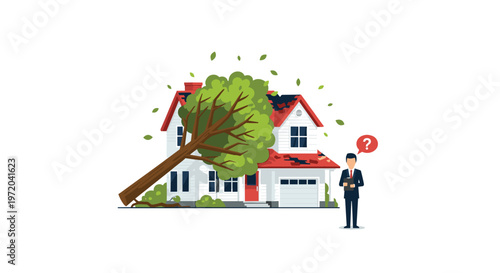 A white house with a red roof is damaged by a fallen tree, with a man in a suit assessing the scene.