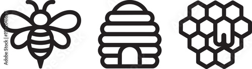 Honey bee hive and honeycomb icons for organic apiary and natural product branding elements.