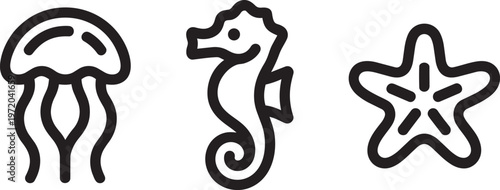 Jellyfish seahorse and starfish icons for marine life and ocean underwater world illustrations.