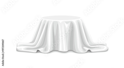 A round, low-lying object is completely draped in a smooth, flowing white cloth with soft folds.