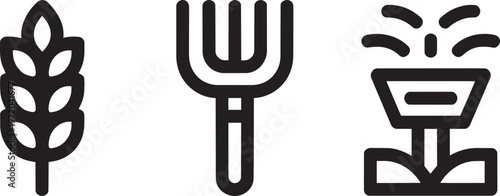 Minimalist farming and agriculture icons set with wheat, pitchfork, and watering can.