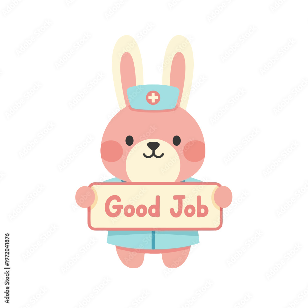 Obraz premium Cute pink bunny nurse in uniform holding a sign that says 'Good Job', perfect for celebrating achievements and encouragement