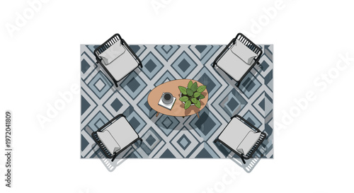 Four grey armchairs surround an oval wooden coffee table with a plant and cup on a patterned rug.