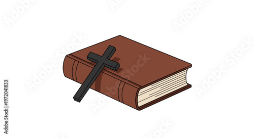 A sturdy, closed brown book with visible page edges is positioned on a pristine white background with a simple dark cross resting on its cover.