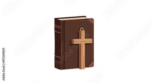 A vertically oriented, closed brown book with corner details and a loop on its spine is presented on a plain white background with a wooden cross hanging from it.