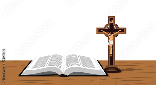 An open Bible with visible text on both pages lies flat on a textured wooden surface next to a tall, intricately carved wooden crucifix with a figure of Christ.