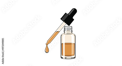 A clear glass dropper bottle, partially filled with golden amber liquid, stands upright with its black-capped dropper held above, a single drop falling.