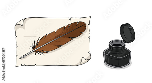 A detailed brown quill feather with a metallic nib rests diagonally on a partially rolled parchment scroll next to an open black inkwell with visible ink.