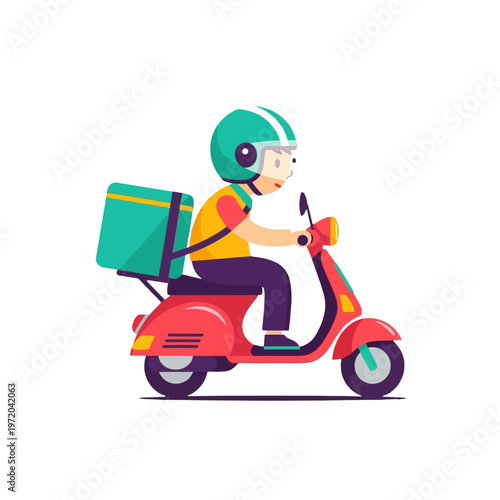 Charming cartoon delivery rider swiftly transports packages on a stylish red scooter, embodying efficient express service. An adorable character illustration for modern logistics